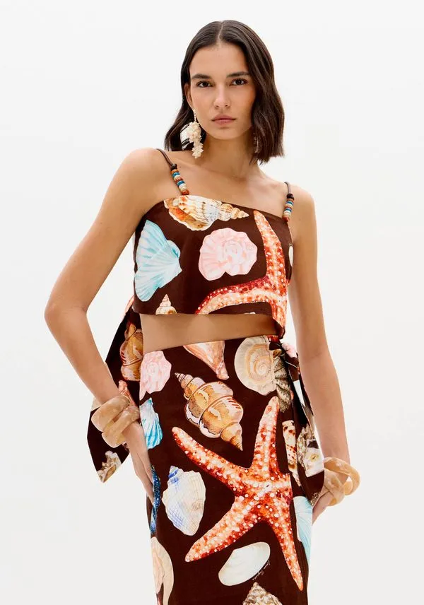 Top De Alças Estampado Com Amarração Marrom GG