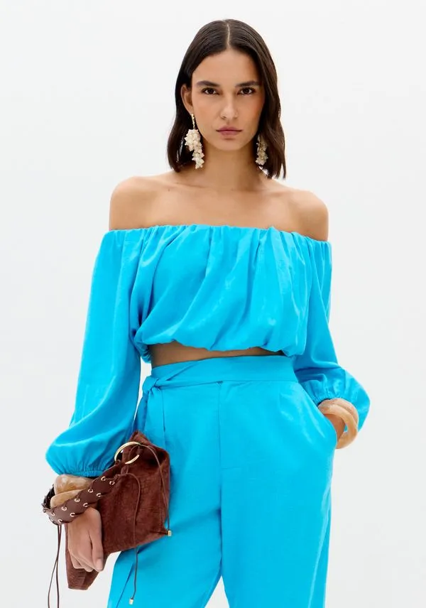 Blusa Ombro A Ombro Cropped Com Linho Azul PP