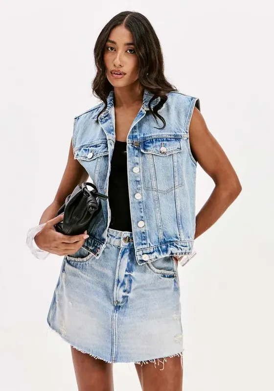 Colete Jeans Curto Com Botões Azul GG