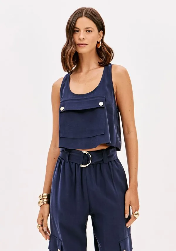 Blusa Curta Com Decote U Azul Marinho P