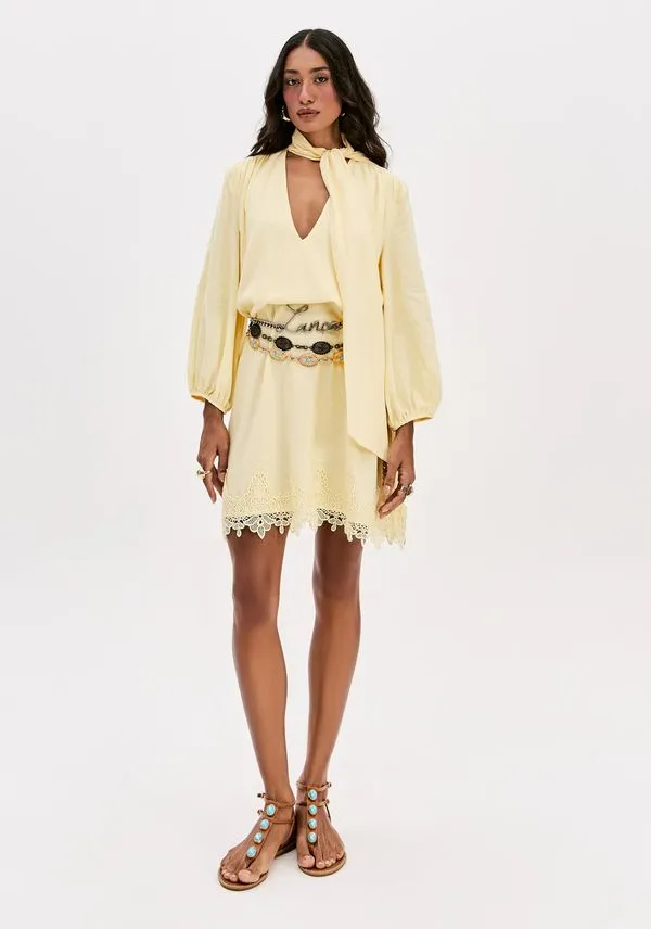 Vestido Curto Com Renda E Linho Amarelo G