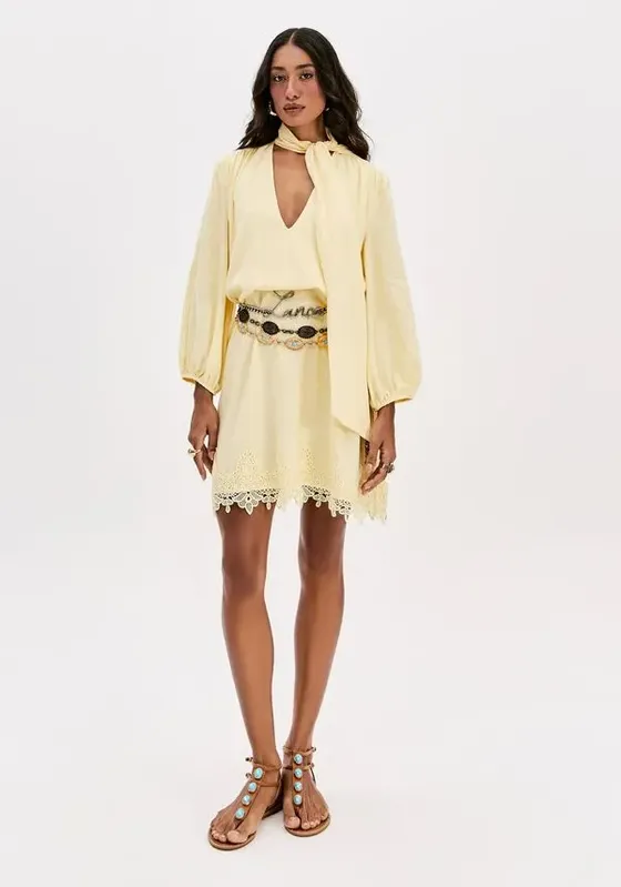 Vestido Curto Com Renda E Linho Amarelo G