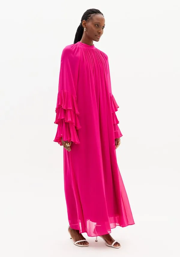 Vestido Longo Manga Longa De Chiffon Babados Rosa M