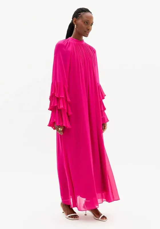 Vestido Longo Manga Longa De Chiffon Babados Rosa P