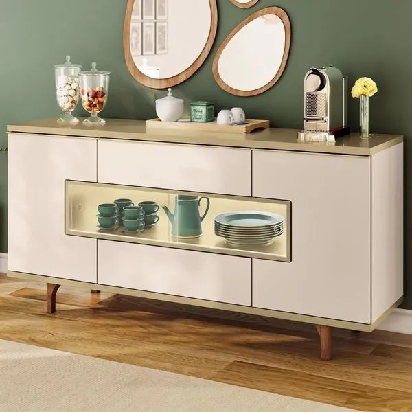 Buffet Aparador 160cm Com Led 3 Portas Islam Off/champanhe H01 - Mpozenato