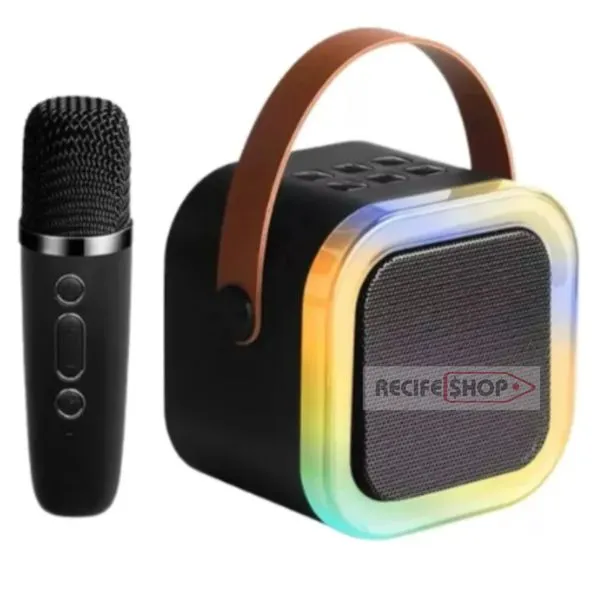 Caixa Som Bluetooth com 1 Microfone + LED – Deixe a Festa por Conta do Karaokê Cor Preto