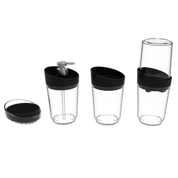 Kit Banheiro Transparente Crippa 4 Peças Porta Escova Porta Sabonete Líquido Porta Algodão e Saboneteira