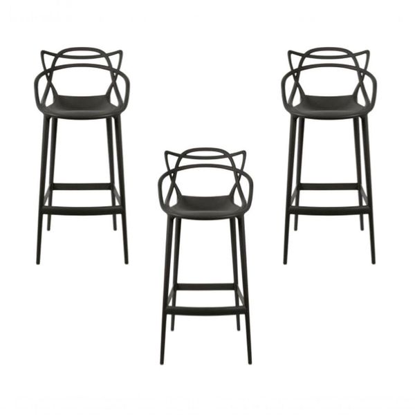 Conjunto 3 Banqueta Allegra Alta Master Empilhavel Preta Cozinha Americana Balcão Polipropileno