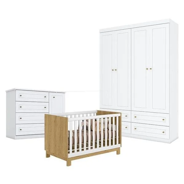 Quarto De Bebê Americano 4 Portas Com Berço Americano Mini Cama Q Encanto Slim Freijó Branco Acetinado - Qmovi - Henn