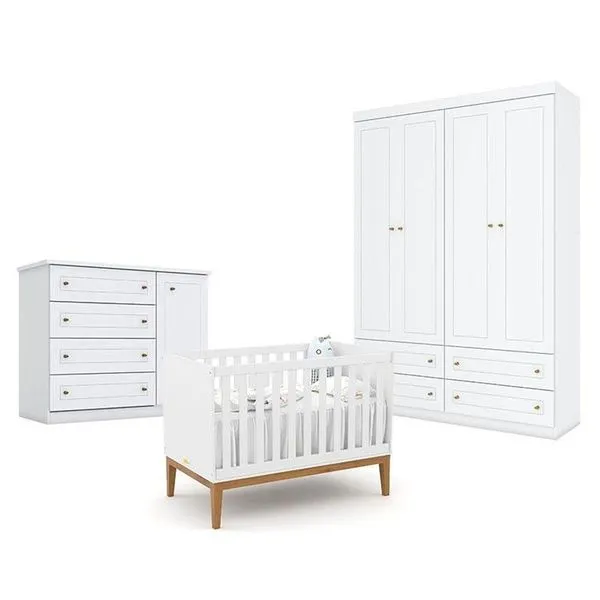 Quarto De Bebê Americano 4 Portas Com Berço Americano Unique Branco Soft Eco Wood - Matic - Henn