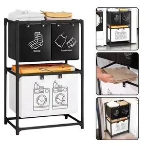 Cesto Lavanderia Triplo Estante Metal Roupa Suja 2 Andares Roupeiro 3 Divisorias Organizador Banheiro Multiuso Armario D