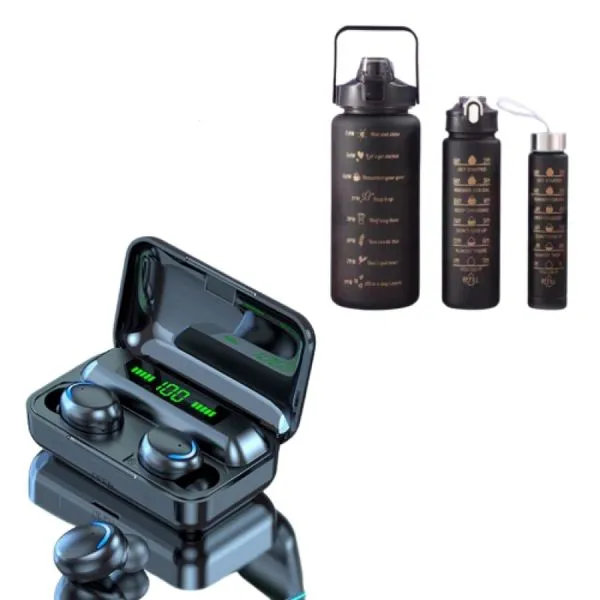 Kit Garrafa Motivacional Squeeze + Fone de Ouvido F9-5 TWS