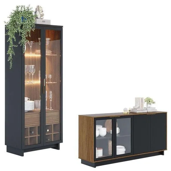 Cristaleira Guanabara Com Aparador Para Sala Buffet Vitória Noce Milano Preto Acetinado – Colibri