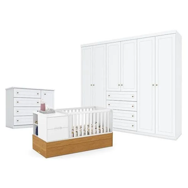 Quarto De Bebê Americano 6 Portas Com Berço Americano Multifuncional Formare Branco Freijó - Matic