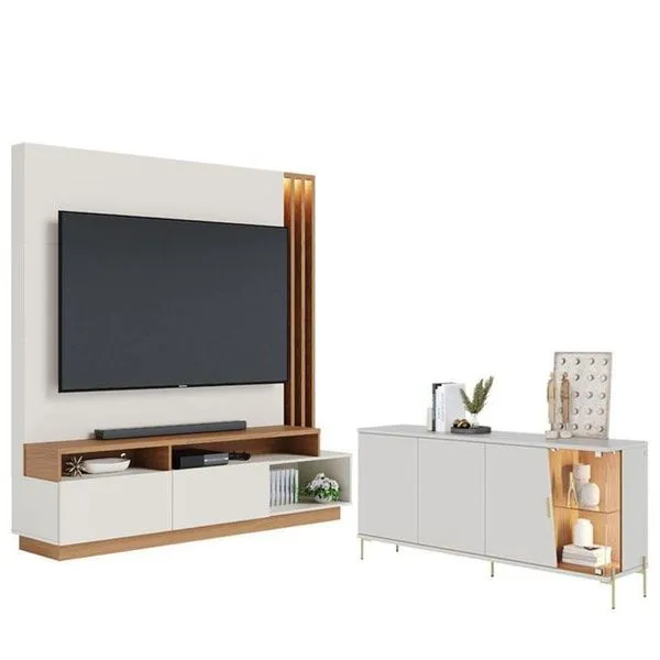 Estante Home Theater Humaita Com Aparador Buffet Sena Com Led Off White Matte Freijó - Colibri