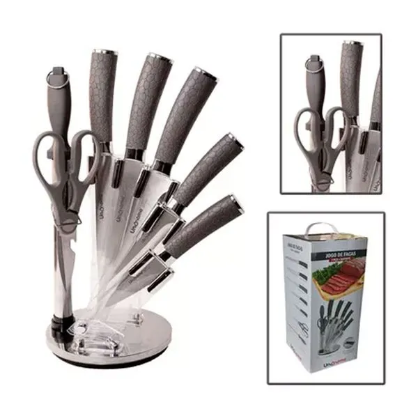 Jogo de Facas Inox Cabo Ergonômico Texturizado 7 Peças e Suporte Giratório Linha Premium