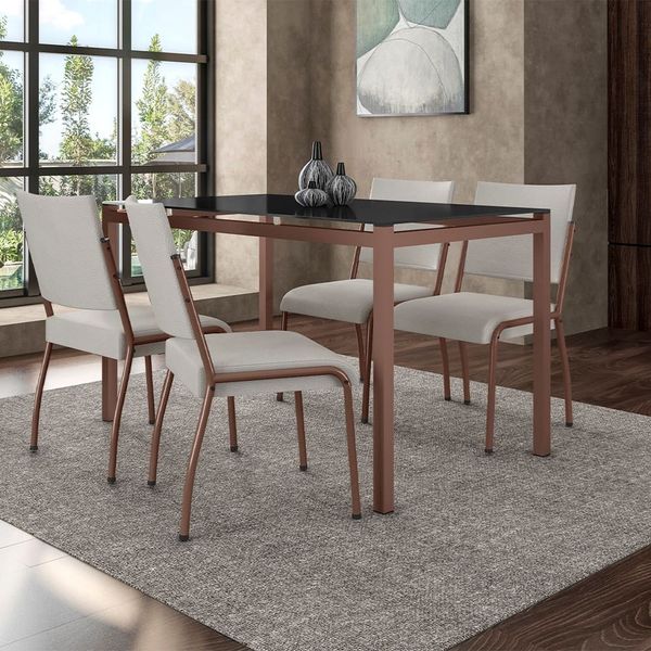 Mesa de Jantar Fabone Alexa Tampo de Vidro + 4 Cadeiras de Jantar Fabone Dora Preto
