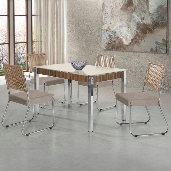 Mesa de Jantar Aço Nobre Claudia com Tampo Kanon e 4 Cadeiras Bege/Nogal/Off White