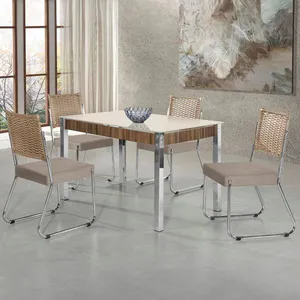 Mesa de Jantar Aço Nobre Claudia com Tampo Kanon e 4 Cadeiras Bege/Nogal/Off White