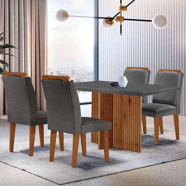 Sala De Jantar Mesa 120cm Mdf Canto Reto Com 4 Cadeiras