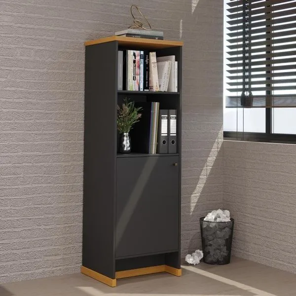 Armário Escritório Com Prateleira E 1 Porta 143cm Verbena - Preto E Naturale