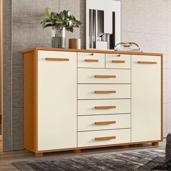 Cômoda Palumoveis Fontana com 7 Gavetas e 2 Portas 160cm de Largura Cinamomo/Off White