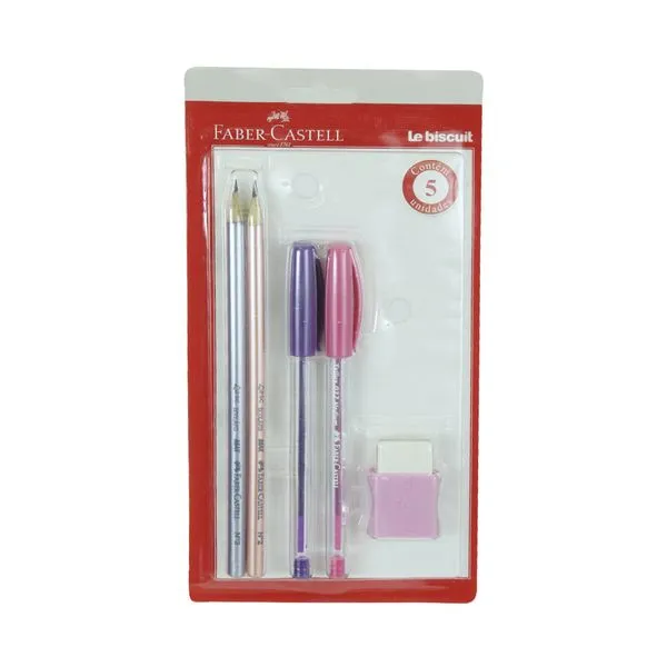 Kit Escrita Faber-Castell com 2 Canetas Trilux 1.0mm, 2 Ecolápis Grafite e 1 Borracha Capa Plástica