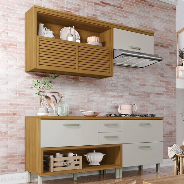 Cozinha Compacta Nesher Princesa com 4 Portas 3 Gavetas e 7 Prateleiras Freijó com Off White