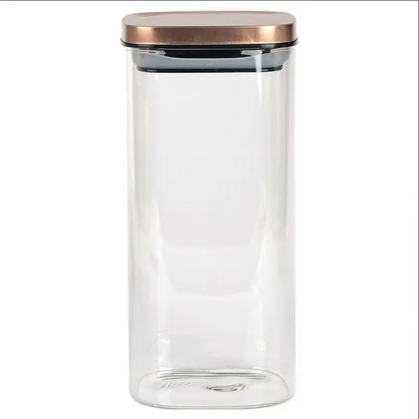 Porta Mantimentos Quadrado Dynasty em Vidro Borossilicato com Tampa de Metal Cobre 1,4L Transparente com cobre