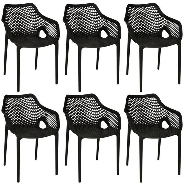 Kit 6 Cadeiras De Jantar Design Suits Com Braços Empilhável Em Polipropileno - Preto