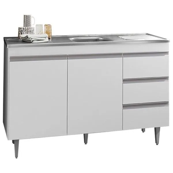 Balcão Com Pia Inox 120Cm 2 Portas 3 Gavetas Andréia Branco