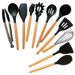 Kit Utensílios Preto Cozinha Silicone Colher Copo Suporte 12 Peças