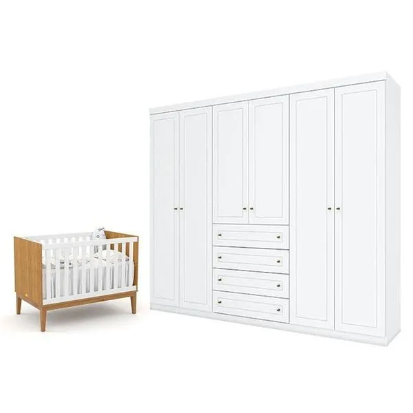 Berço Americano Unique Freijó Branco Soft Eco Wood - Matic E Guarda Roupa Casal Americano 6 Portas Branco Hp - Henn