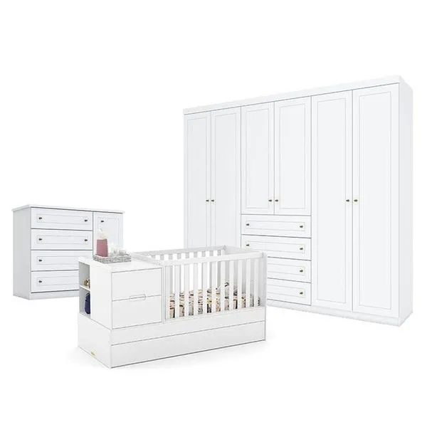 Quarto De Bebê Americano 6 Portas Com Berço Americano Multifuncional Formare Branco Acetinado - Matic - Henn