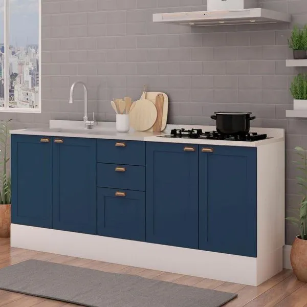 Cozinha Modulada 2 Balcoes 100% Mdf Branca/Azul Genialflex