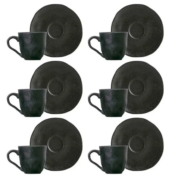 Conjunto com 6 Xícaras e Pires para Café Porto Brasil Carbon em Stoneware - 120 ml Preto