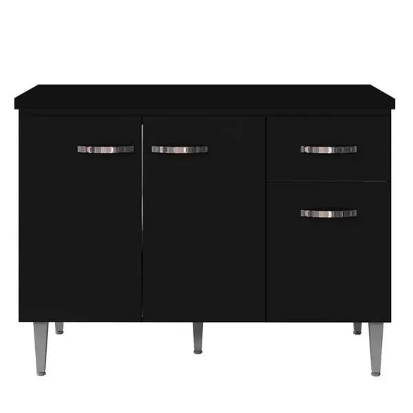 Balcão De Cozinha 120cm Gabriela 3 Portas 1 Gaveta Com Tampo Preto