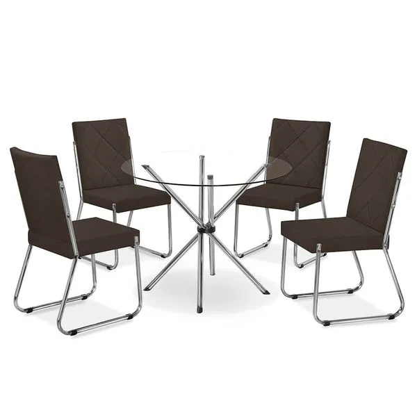 Mesa de Jantar Aço Nobre Leticia com Tampo de Vidro e 4 Cadeiras Liz com Assento Estofado Revestido em Suede Chocolate