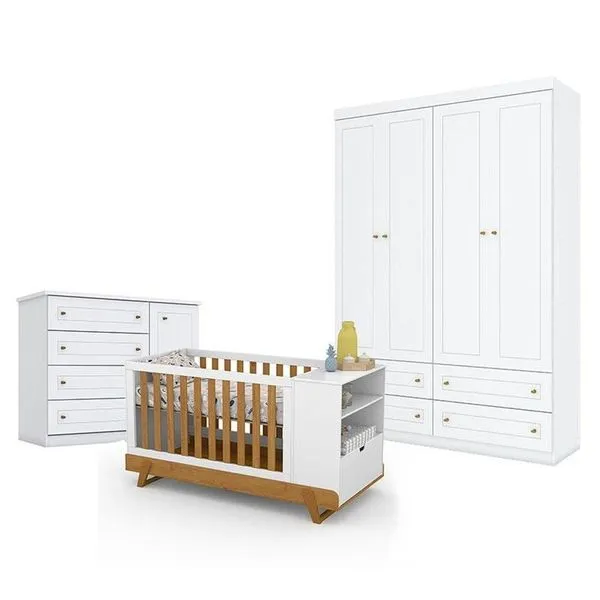 Quarto De Bebê Americano 4 Portas Com Berço Multifuncional Bkids Branco Freijó Eco Wood - Matic - Henn