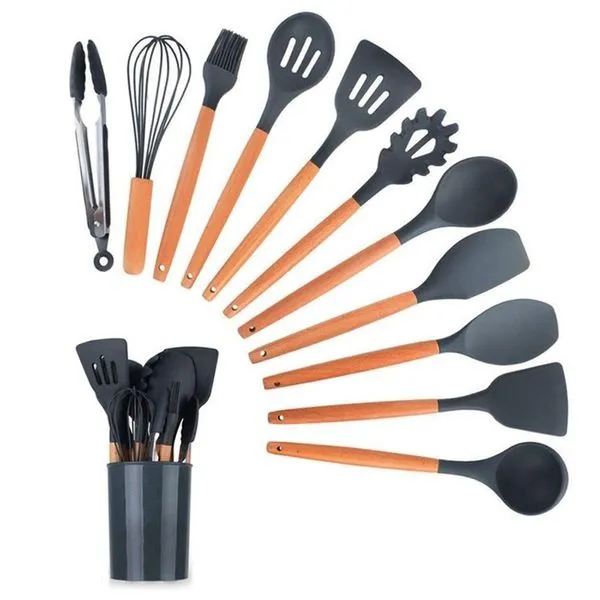 Kit 12 Peças Utensilios De Cozinha Colher Espatula Fue Pincel Cinza