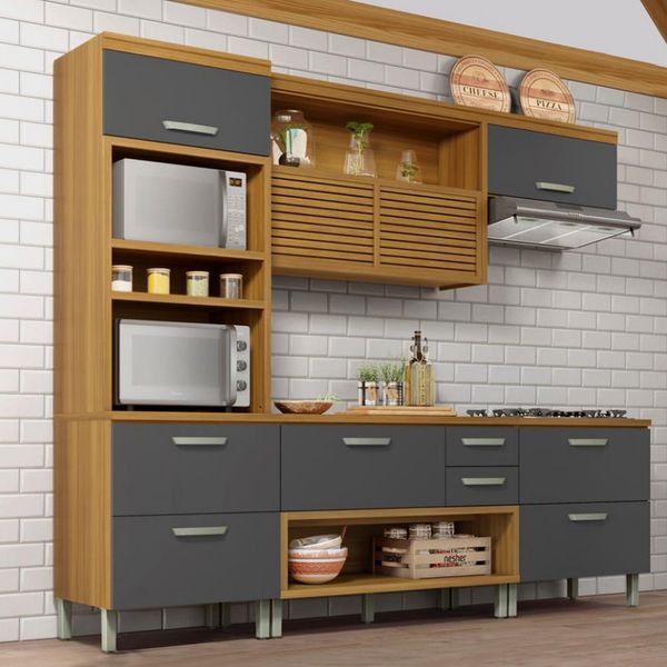 Cozinha Completa em MDF Nesher Princesa com 6 Portas 4 Gavetas e 12 Prateleiras Freijo e Grafite