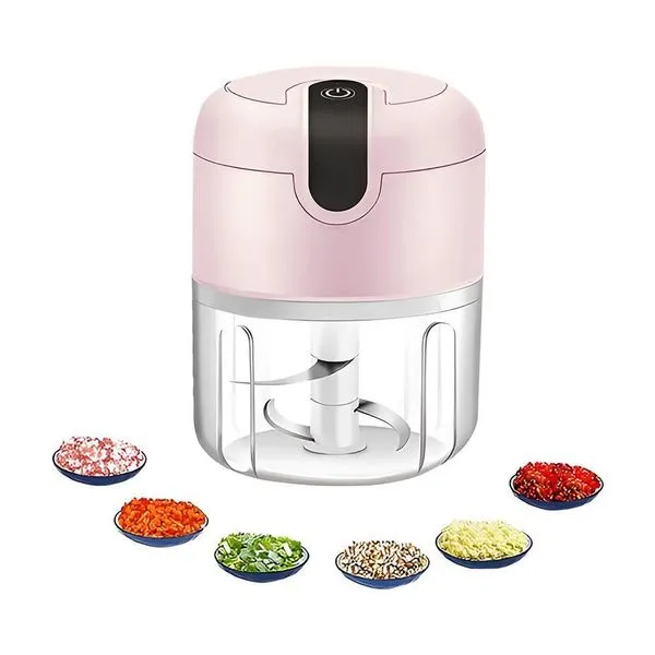 Mini Processador Elétrico Rosa 280ml Usb Recarregável Tritura Alho E Pimenta Com 3 Lâminas