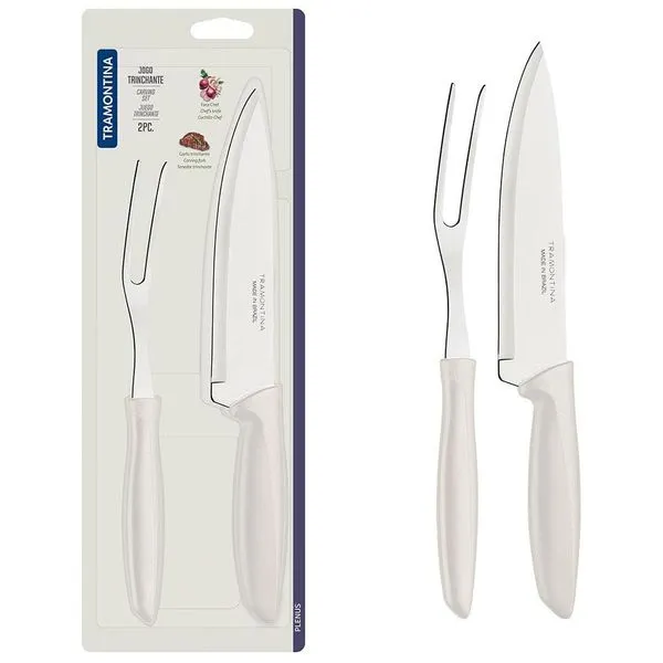 Conjunto Faca Chef e Garfo Trinchante Tramontina Plenus - 2 Peças Off White