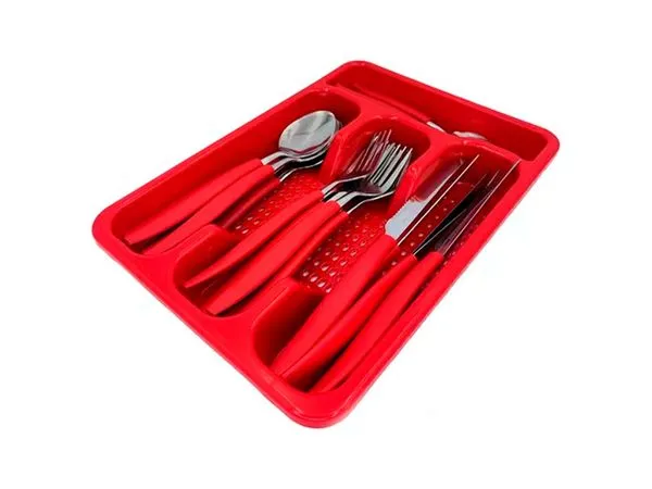 Conjunto Talheres 24 Peças De Inox e Cabo de Plástico Com Organizador de Gaveta Vermelho