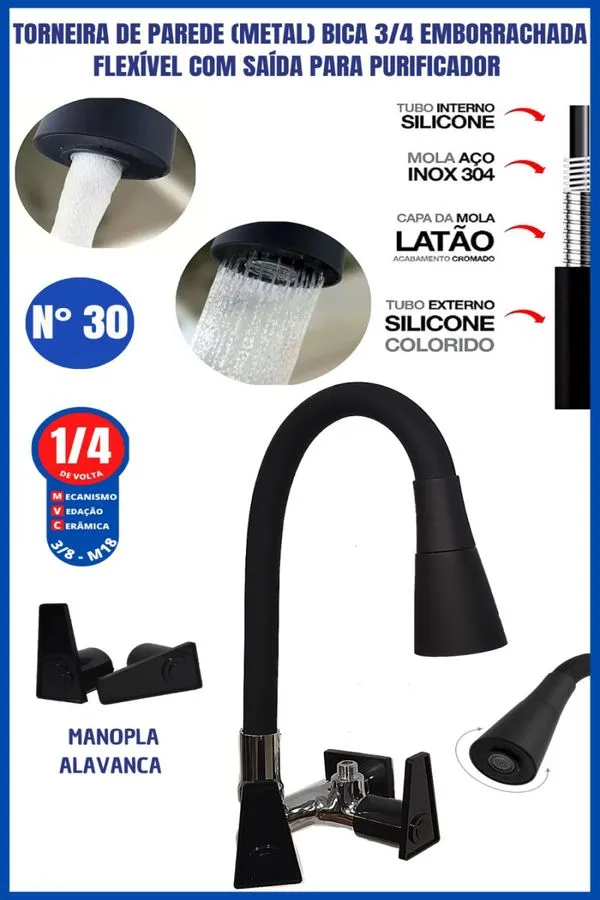 Torneira De Parede Metal Bica 3/4 C Saída Purificador Agua PRETO