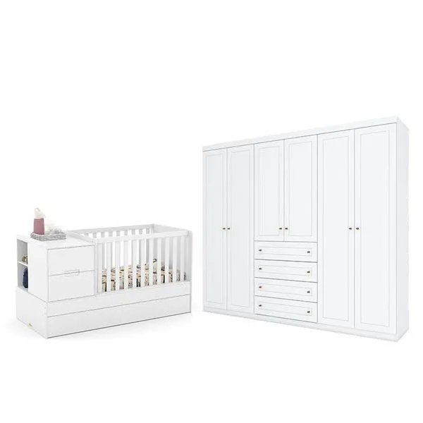 Berço Americano Multifuncional Formare Branco Acetinado - Matic E Guarda Roupa Casal Americano 6 Portas Branco Hp - Henn