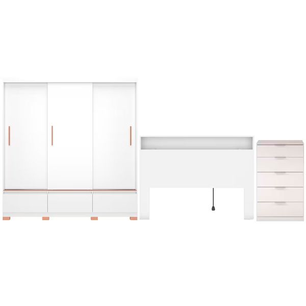 Guarda Roupa Bartira Monza com 3 Portas de Correr e 3 Gavetas Cômoda Versatti com 5 Gavetas Cabeceira para Cama Box Casal Versatti Branco