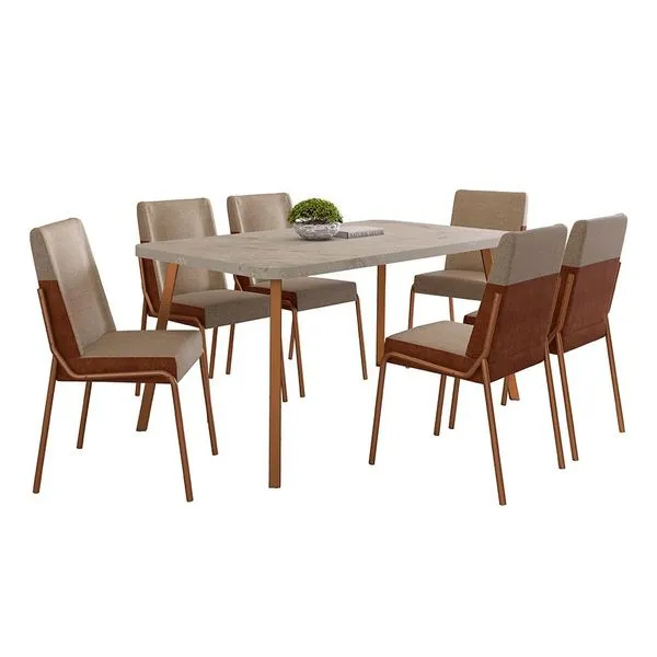 Conjunto de Mesa Retangular com Tampo MDP Petra Stellar e 6 Cadeiras Felipa Linho Areia e Caramelo