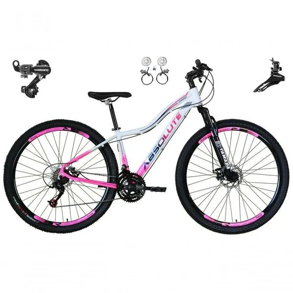 Bicicleta Aro 29 Absolute Hera Feminina 21v Alumínio Câmbios Shimano Freio Hidráulico Branco-Rosa 17