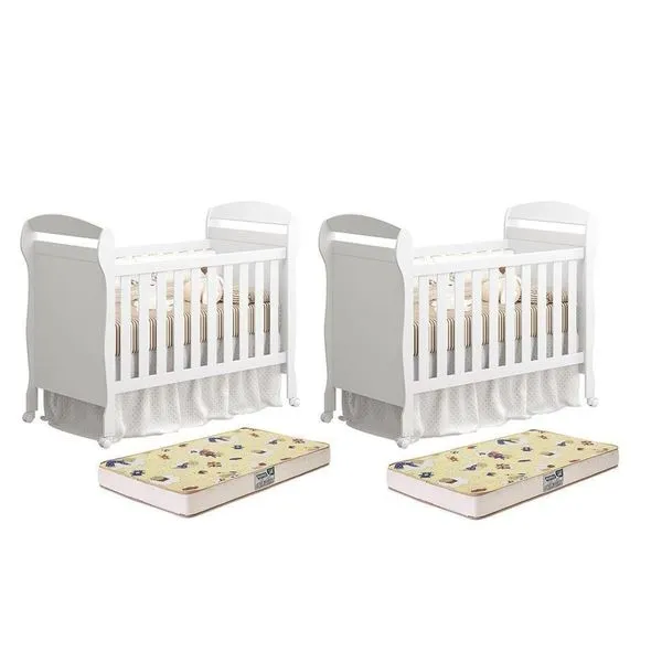 Kit Gêmeos Berço Mini Cama Danny Branco Brilho Com Colchões Supreme - Reller Móveis Branco Brilho